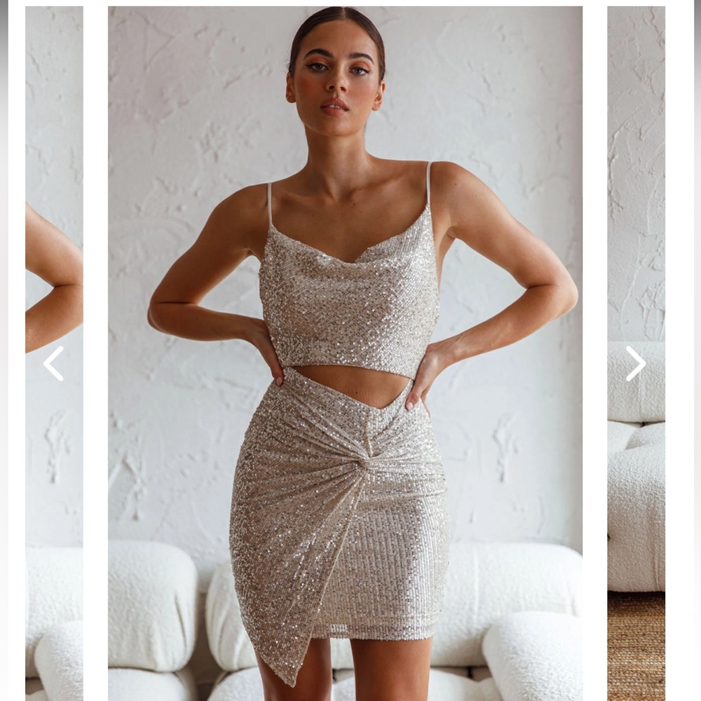 SELFIE LESLIE MIAMI NIGHTS COWL NECKLINE TWIST FEATURE MINI DRESS SEQUIN BEIGE